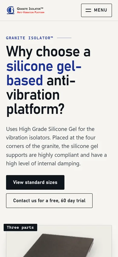 Localmade’s proposed redesign of the Granite Isolator homepage, not yet live (phone)
